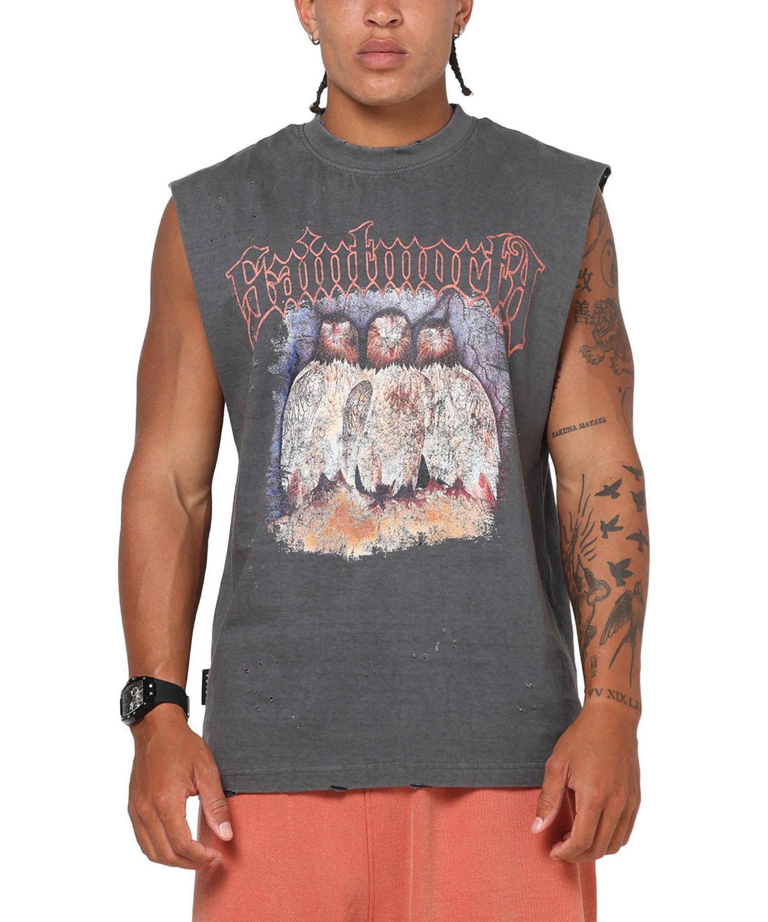 Mens Birds Of Prey Muscle T-Shirt Washed Charcoal