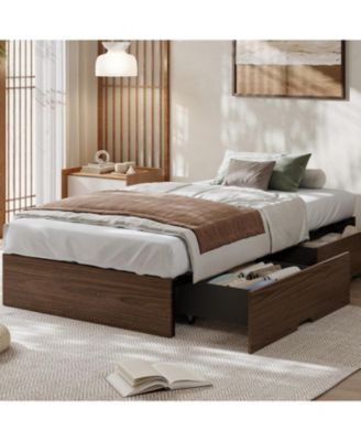 Wood Platform Bed Frame with 2 Storage Drawers, Wooden Bed Frame Without Headboard, Wood Slat Support, No Box Spring Needed