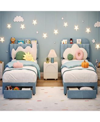 2 Pieces Twin Bed Frame, Upholstered Platform with Large Storage Drawer and Bookcase Headboard, Velvet Upholstered, Noise-Free, Easy Assembly