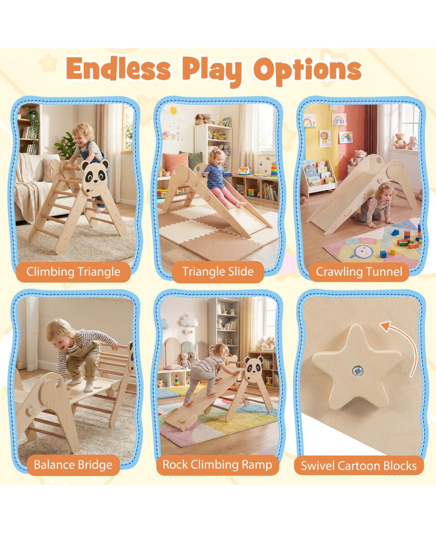 Foldable Wooden Climbing Toys Set with Panda Theme for Toddlers