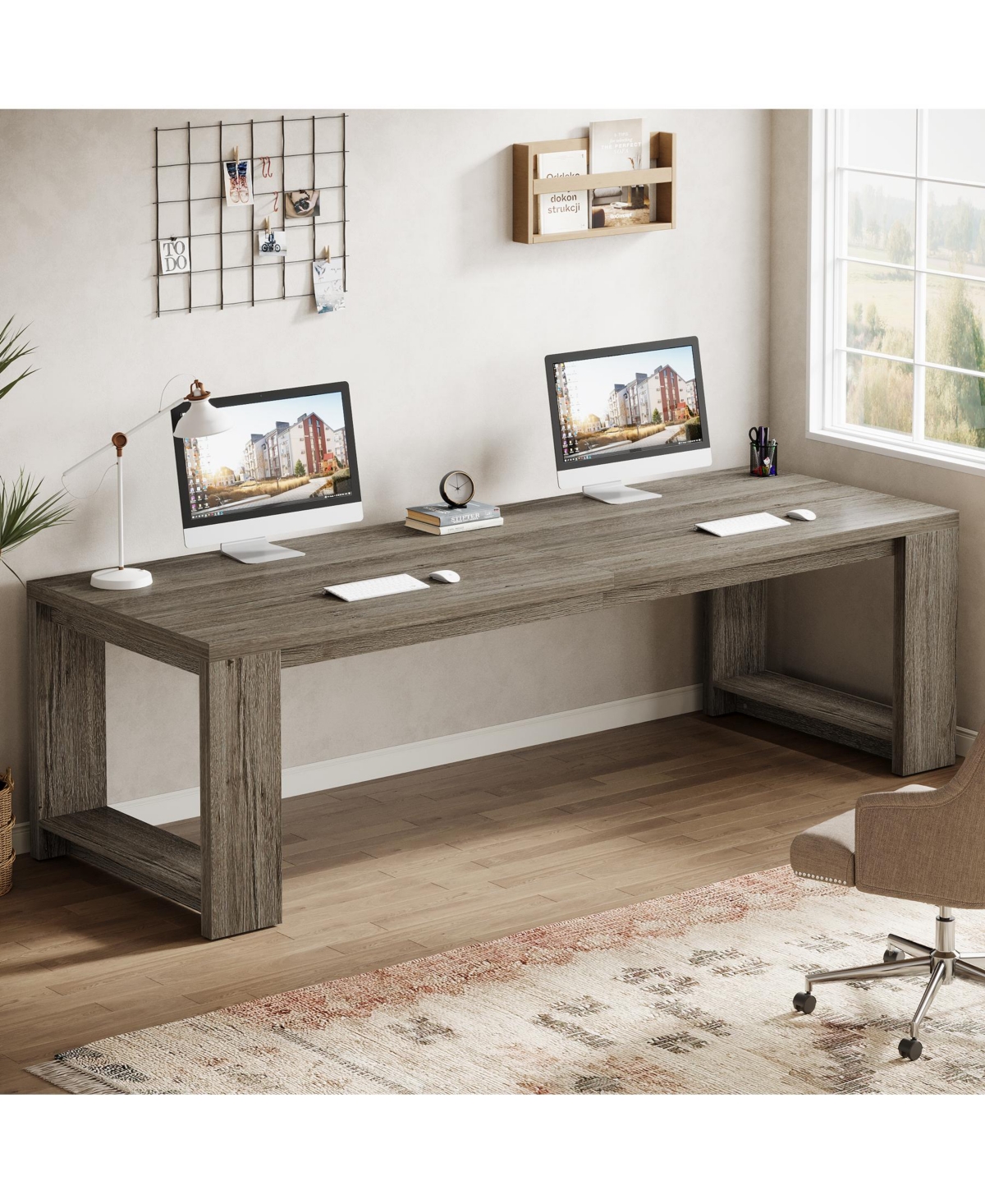 Tribesigns 2 Person Desk, 86.6 Inches Extra Long Double Computer Writing Table, All Wood Large Desks Workstation for Home Office, Natural Oak