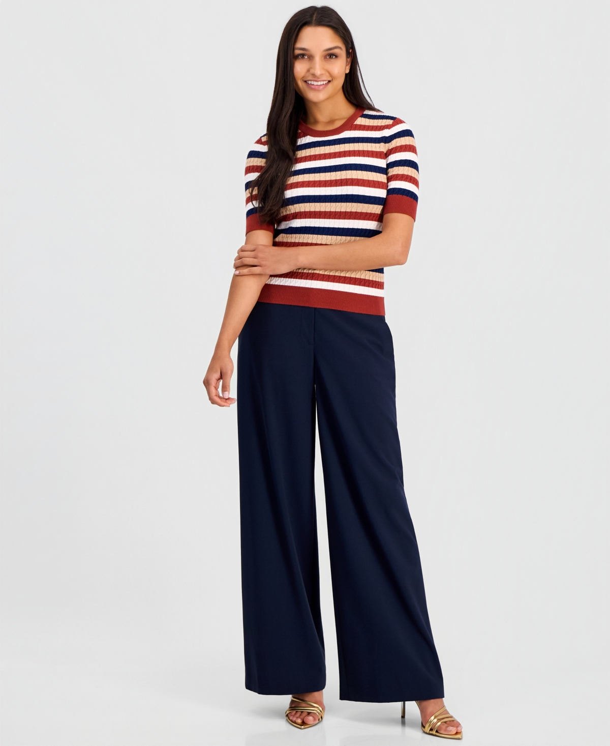 Elie Tahari Women's Ailany Striped Ribbed-Knit Short-Sleeve Sweater