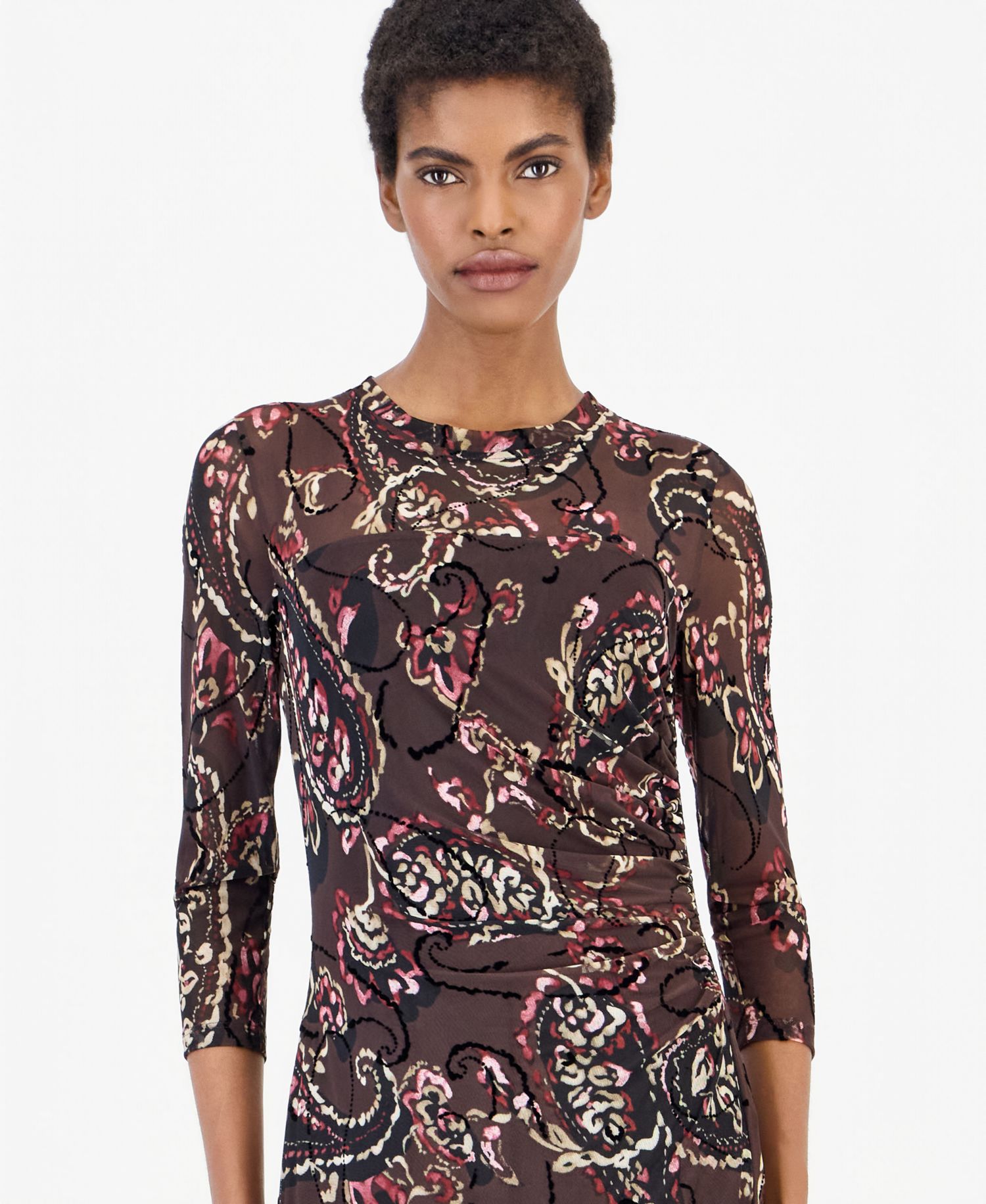 Women's Paisley-Print Side-Ruched Midi Dress