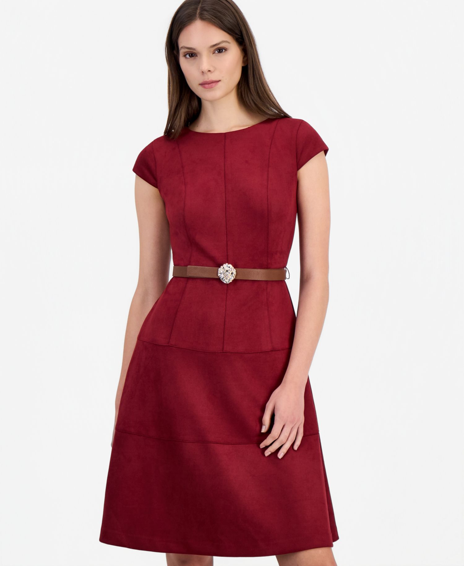 Petite Heritage A-Line Boat Neck Belted Suede Dress