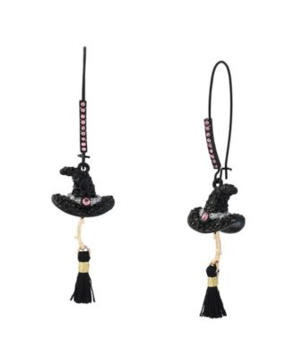 Faux-Stone Pretty Spooky Witchy Hat Broomstick Dangle Earrings