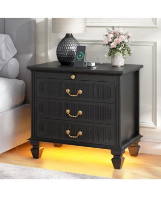 25.6" Solid Wood Nightstand with 4 Drawers, Charging Station and LED Light