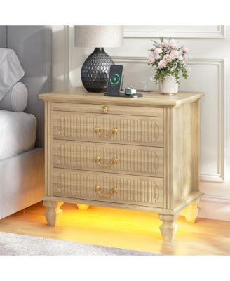 25.6" Solid Wood Nightstand with 4 Drawers, Charging Station and LED Light