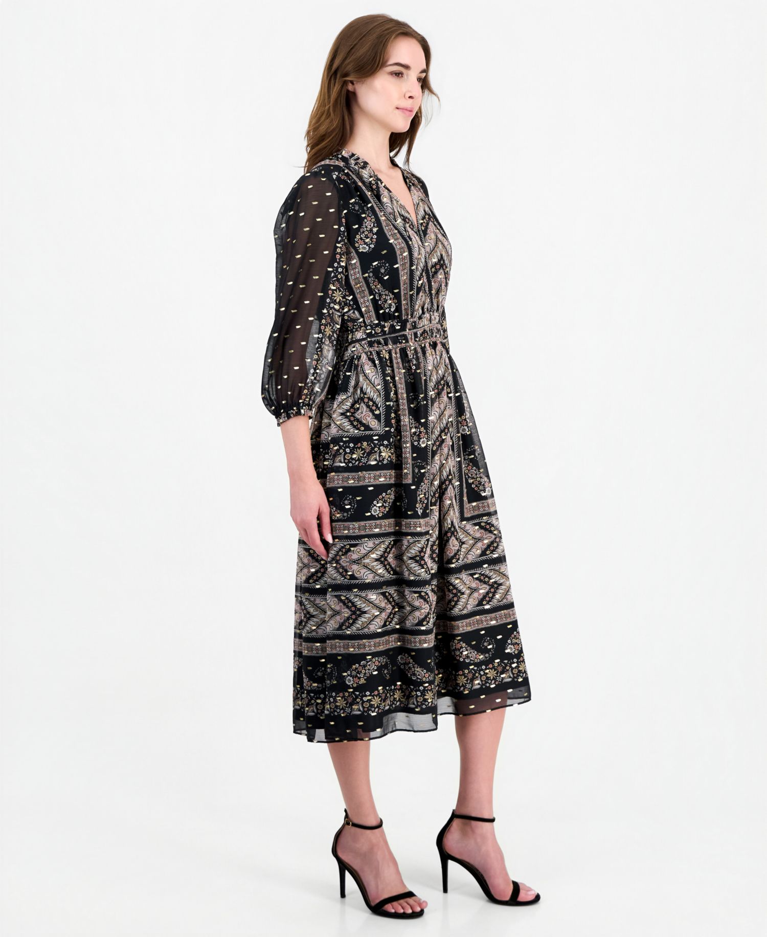 Women's Long-Sleeve V-Neck Smocked Ruffle Midi Dress