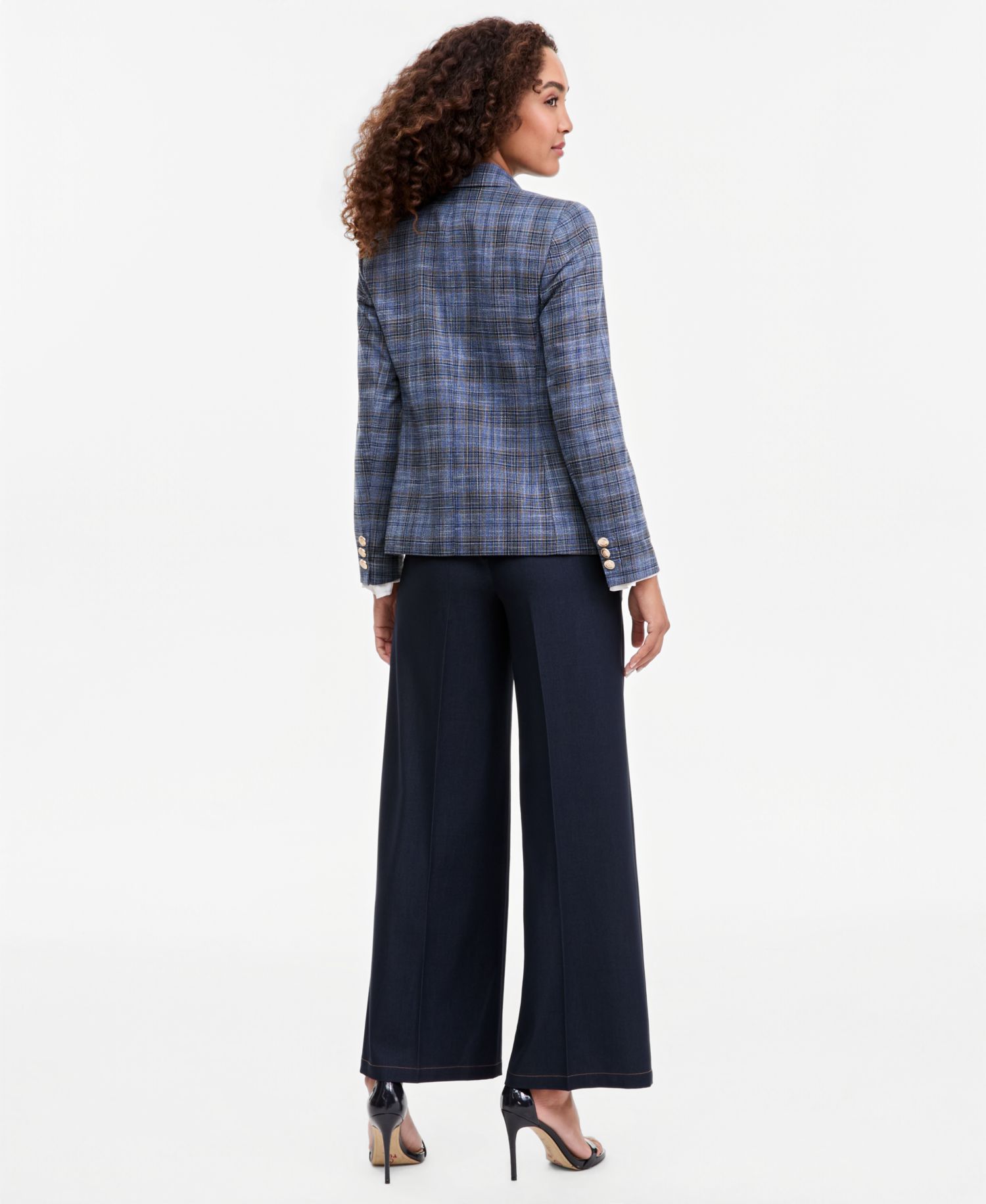 Women's Plaid Double Breasted Blazer, V-Neck Ruffle-Front Long-Sleeve Blouse & Wide-Leg Mid-Rise Denim Pants