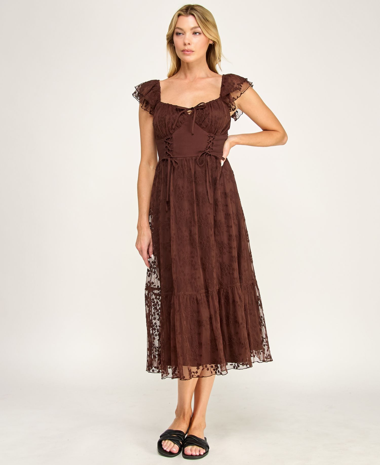 Juniors' Sweetheart-Neck Flutter-Sleeve Lace Midi Dress