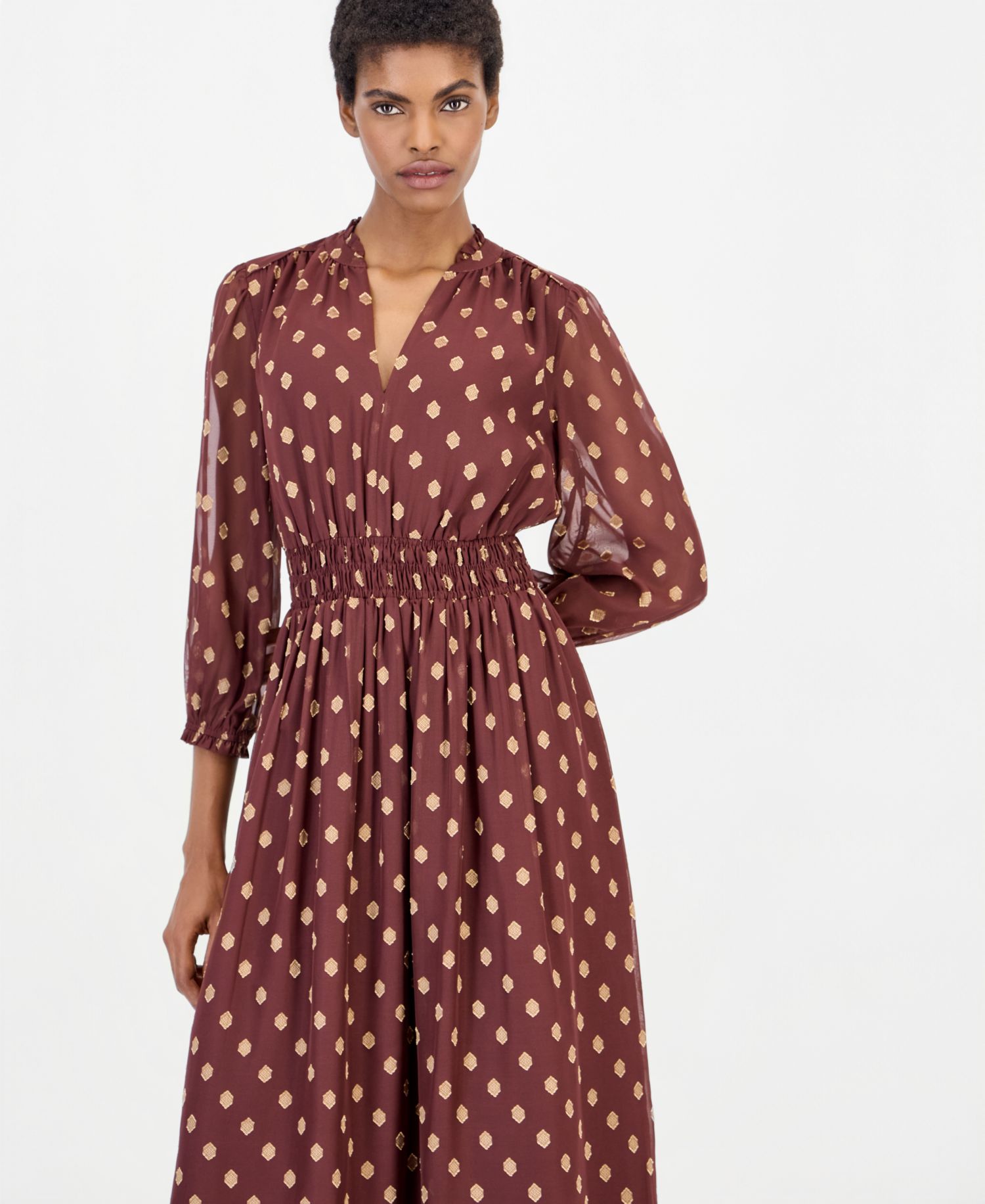 Women's Polka-Dot Ruffle Smocked-Waist Midi Dress