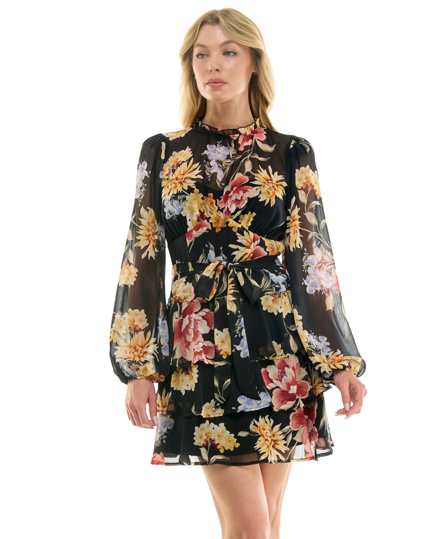 Juniors' Long-Sleeve Boat neck Tiered Skirt Dress
