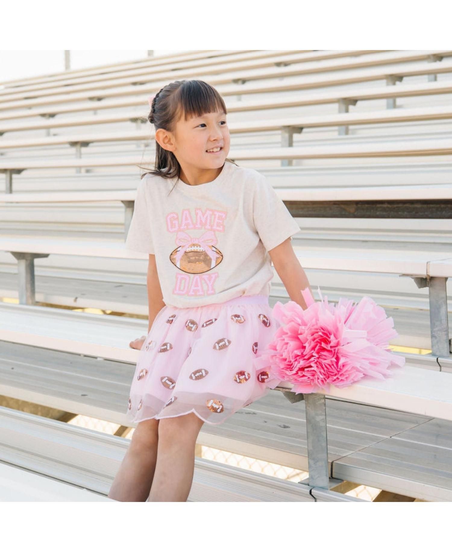Little Girls Game Day Sequin Patch Short Sleeve T-Shirt