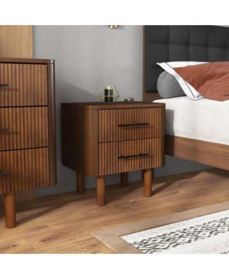 Mid Century Solid Wood Walnut Nightstand with 2-Drawer