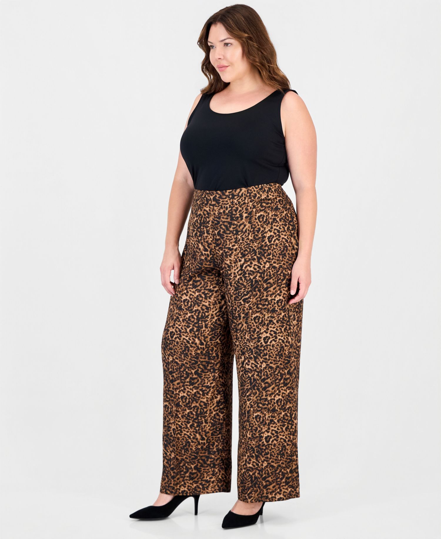 Plus Size Animal-Print Wide-Leg Side-Seam Zipper Pants
