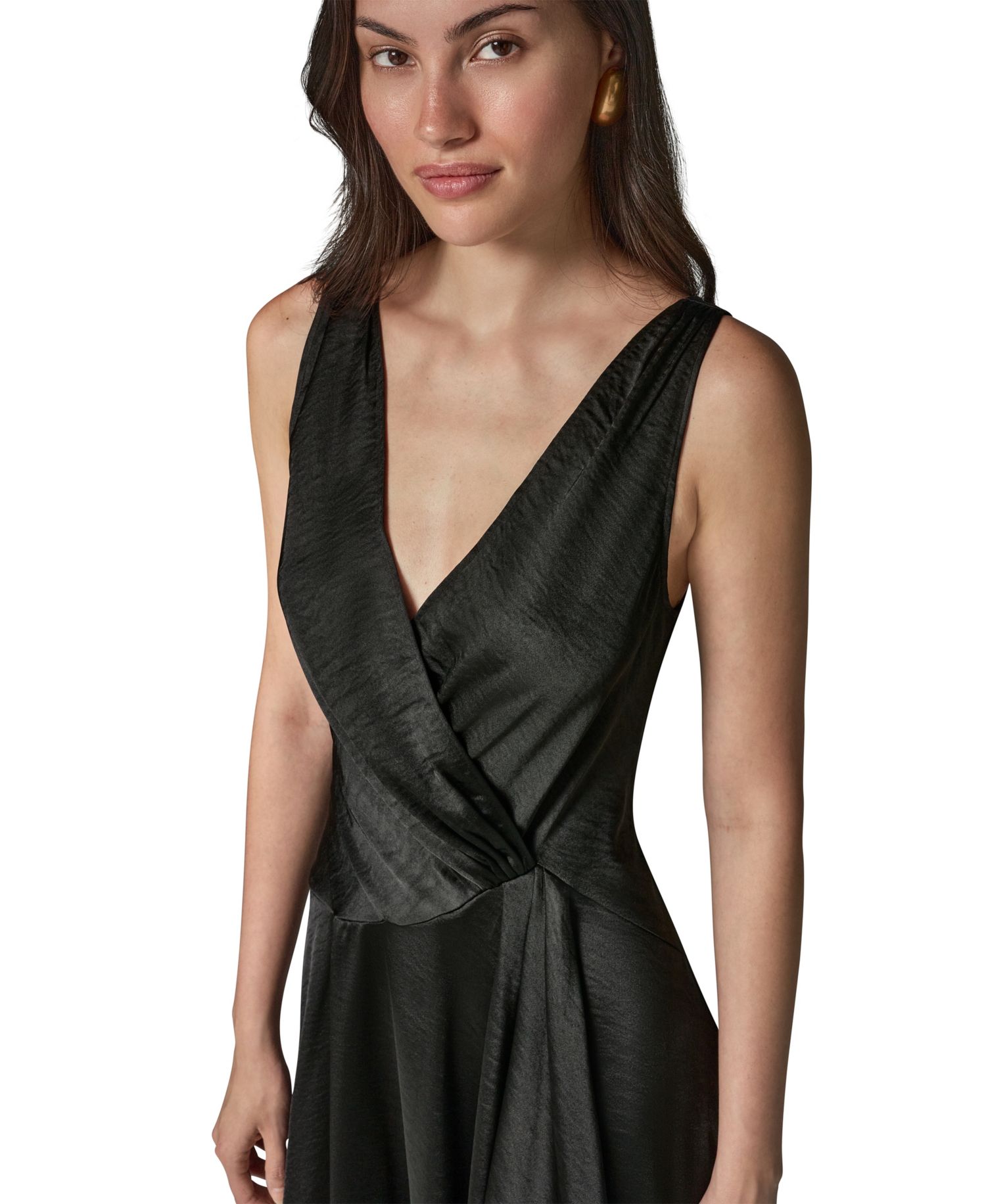 Women's Satin Sleeveless Surplice-Neck Draped A-Line Midi Dress