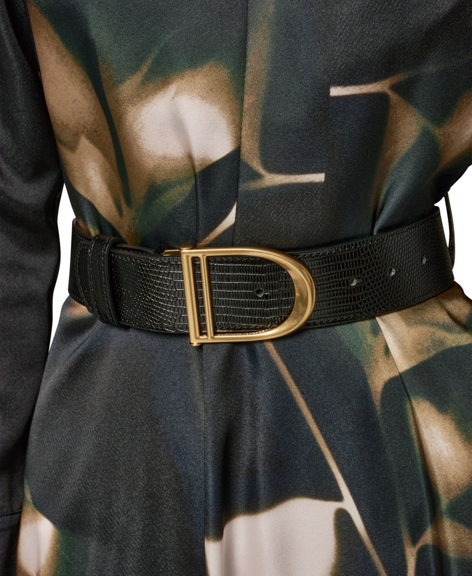 Women's Long-Sleeve Printed Charmeuse A-Line Dress With Belt