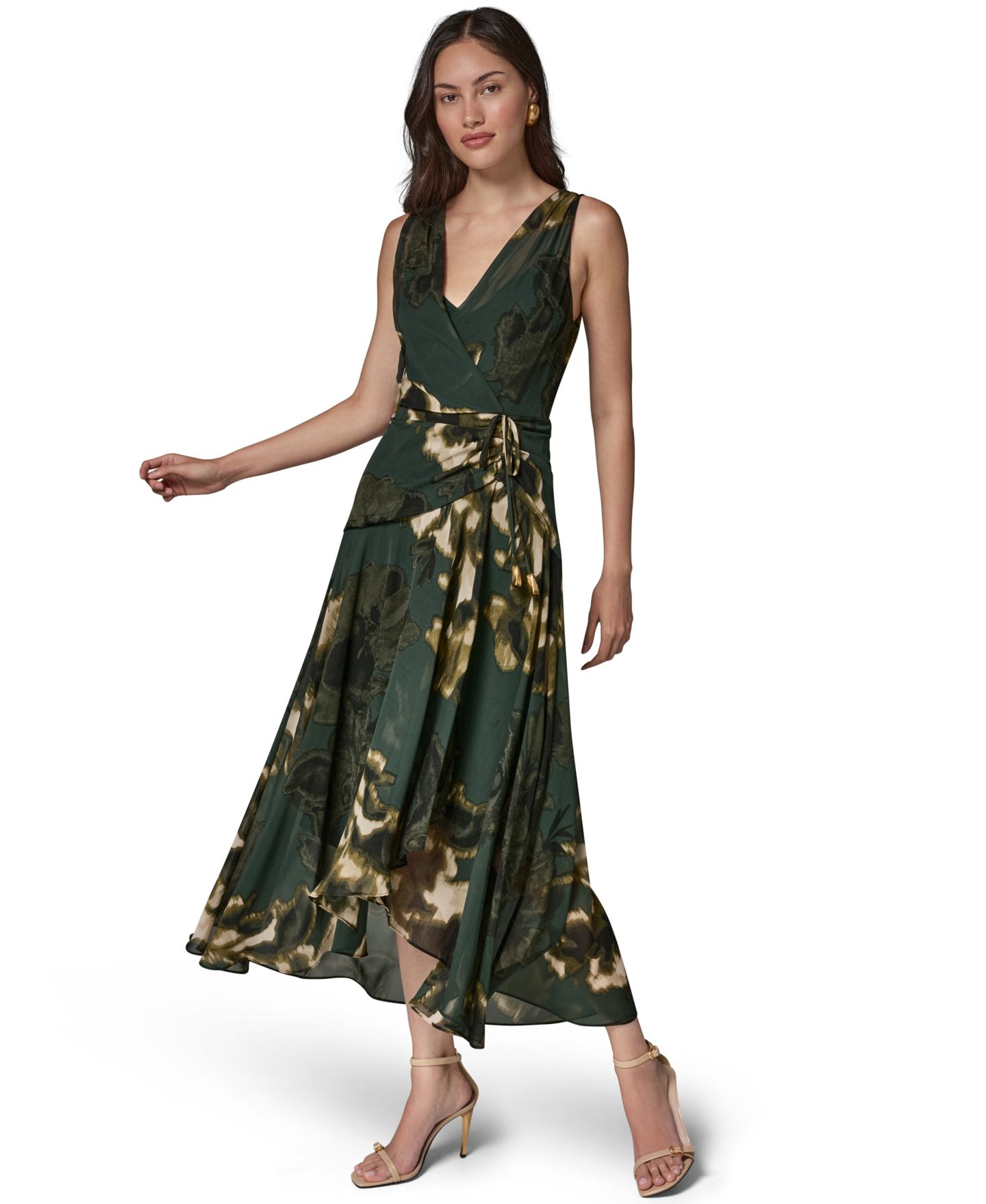 Женское платье Donna Karan New York Sleeveless Printed Chiffon Surplice Neck, цвет: Чёрный разноцветный — фото 3