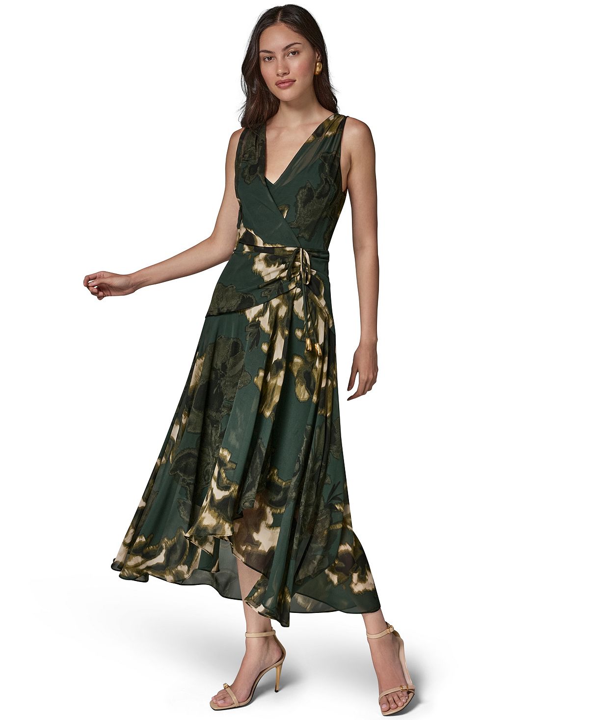 Donna Karan New York Women's Sleeveless Printed Chiffon Surplice Neck Dress view 3 — MAYCSS fashion products