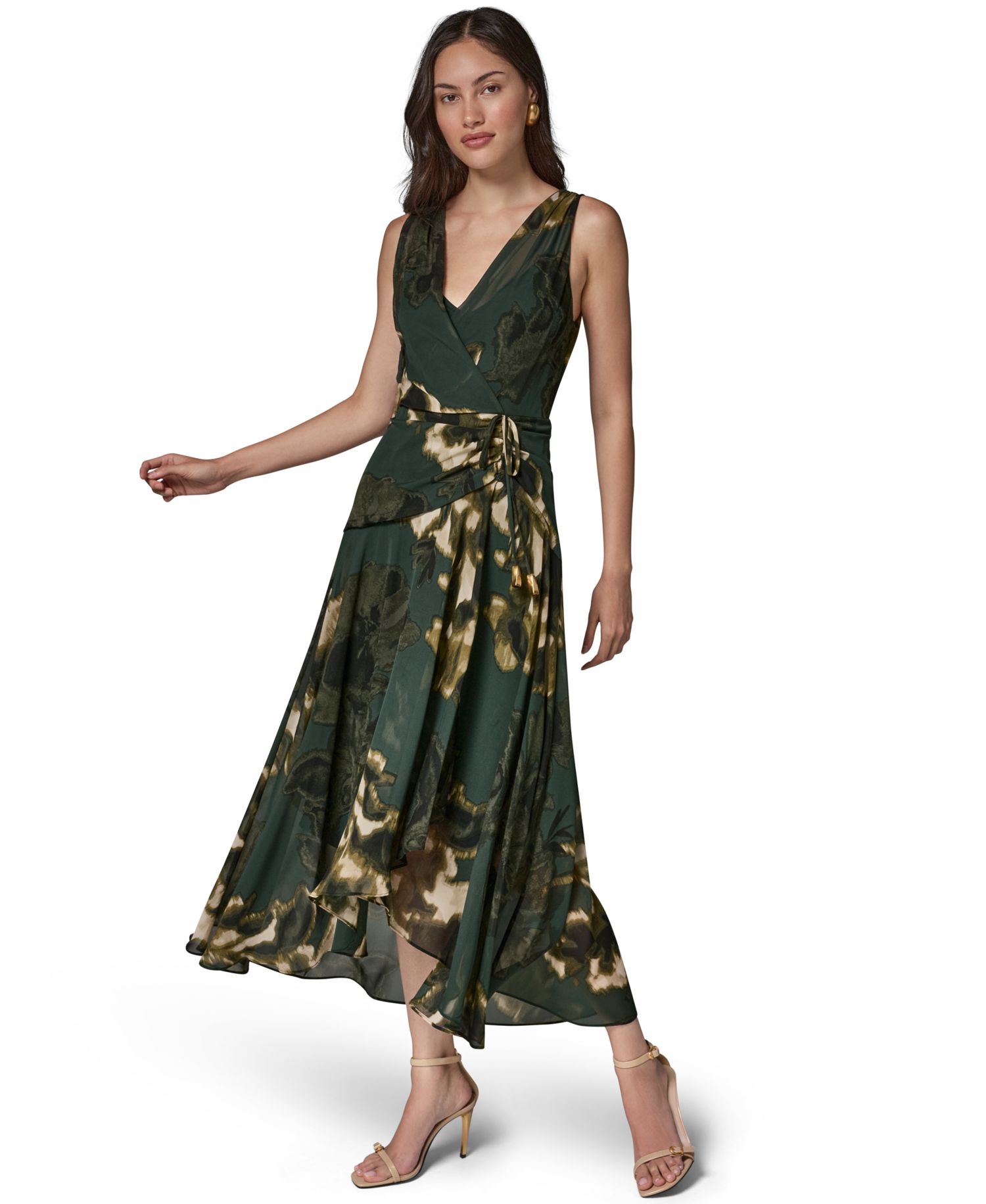 Women's Sleeveless Printed Chiffon Surplice Neck Dress