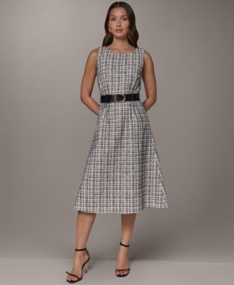 Women's Sleeveless Plaid Tweed Belted A-Line Dress