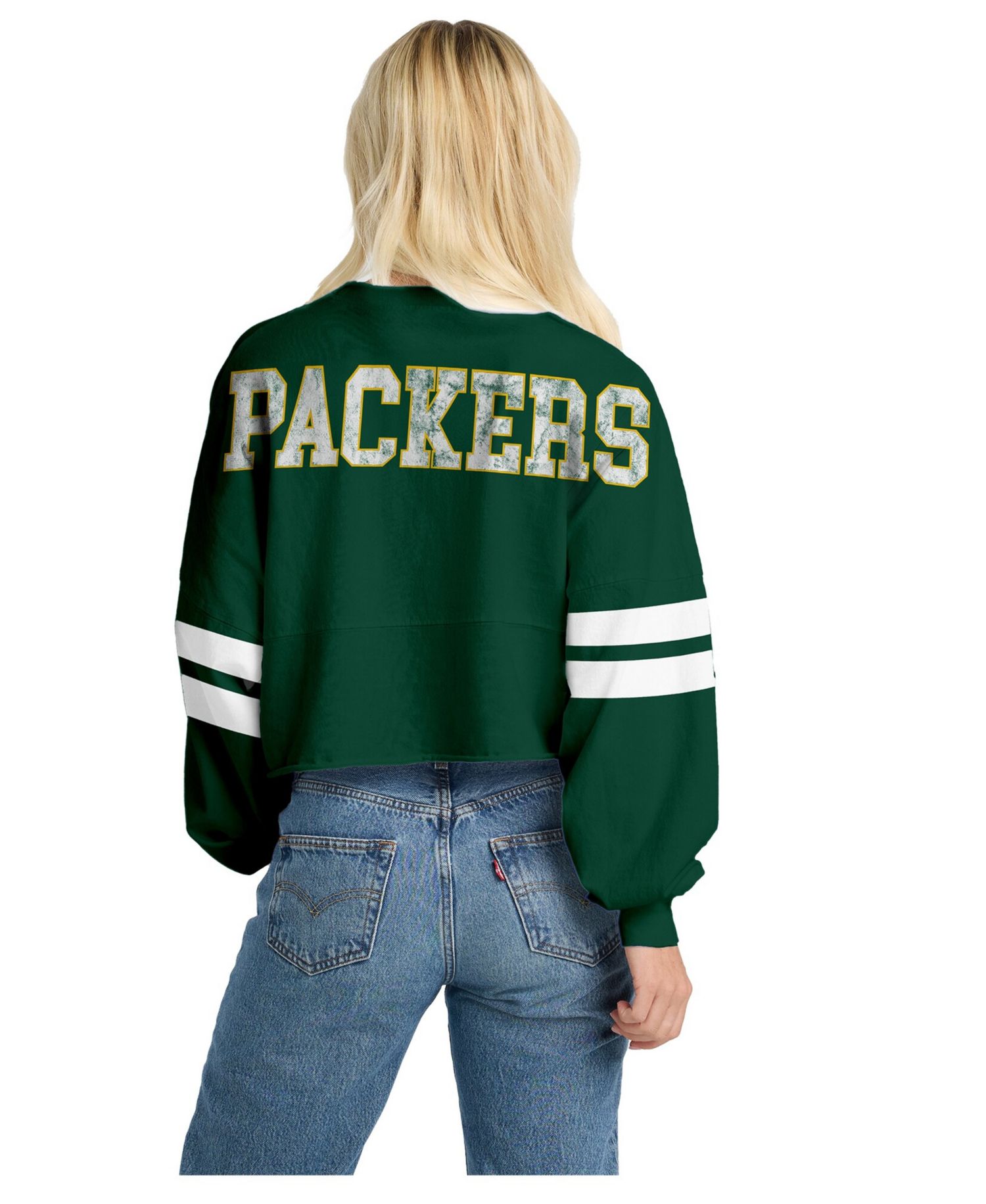 Women's Green Green Bay Packers Oversized Cropped Stripe Long Sleeve T-Shirt