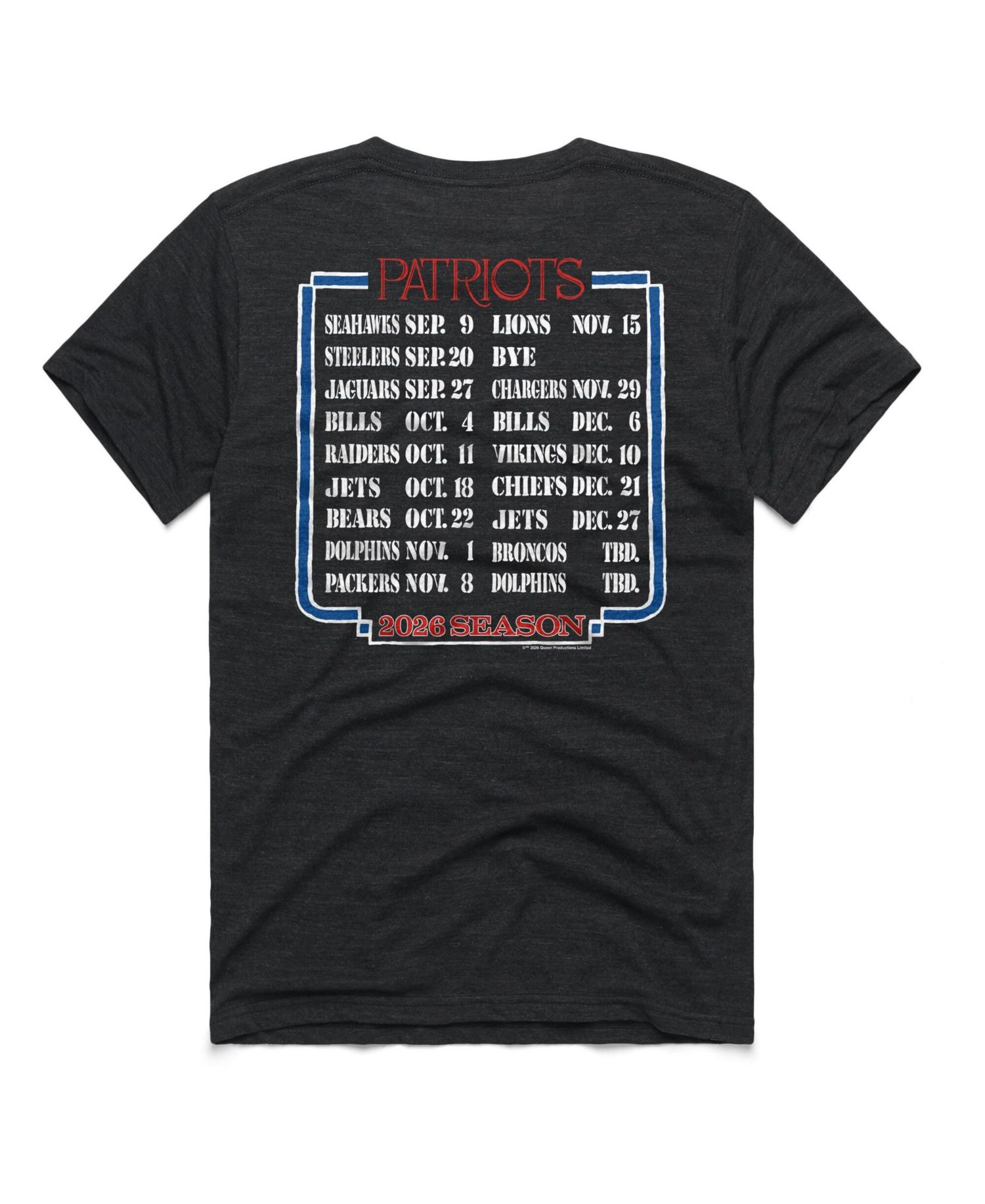 Men's and Women's Charcoal New England Patriots 2026 NFL Schedule Queen Tri-Blend T-Shirt