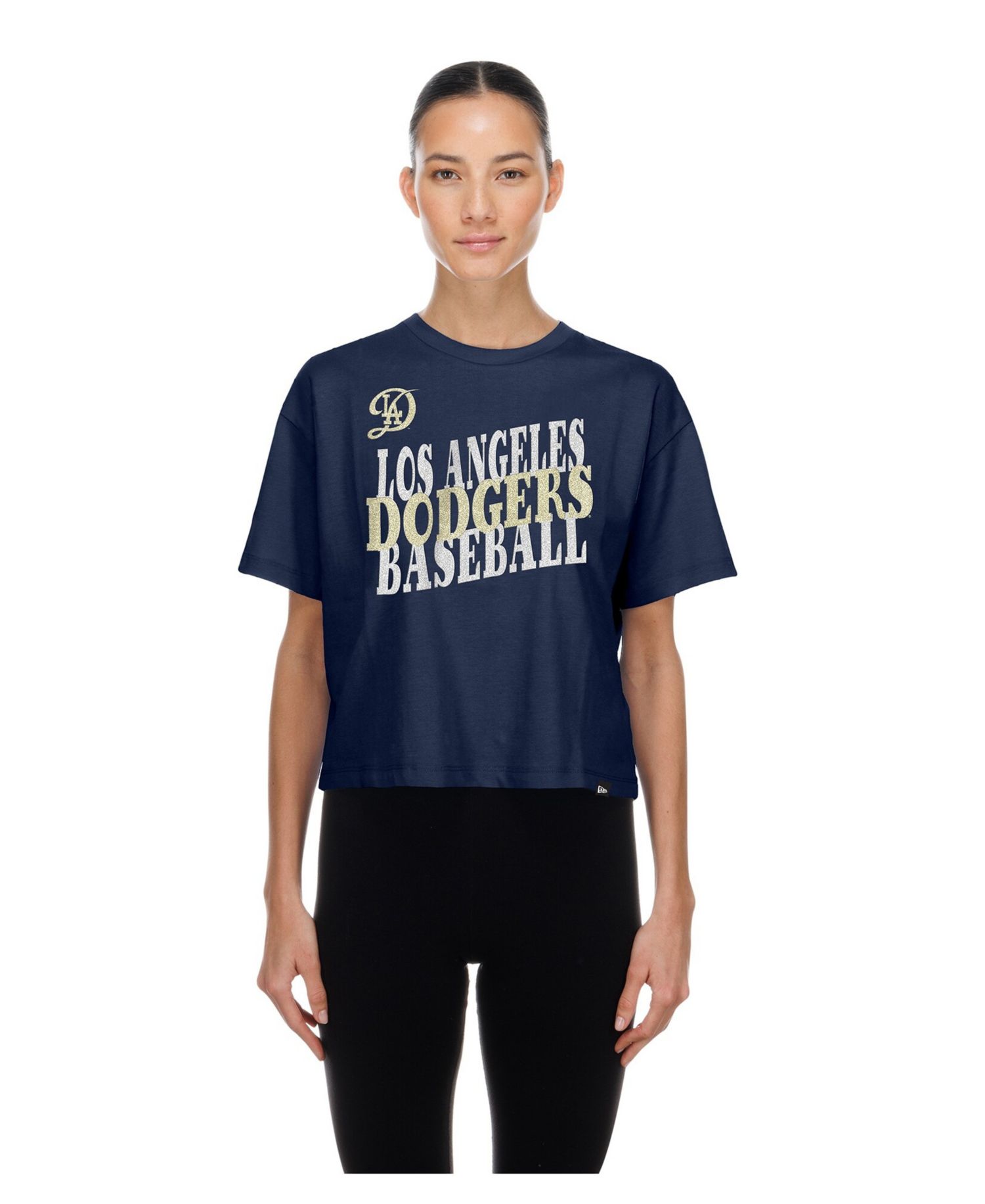 Women's Navy Los Angeles Dodgers City Connect Glitter Gel Cropped T-Shirt