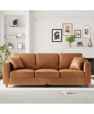 Faux Leather Sofa, 3-Seater Couch with Pillows, Wide Armrests and Deep Seats
