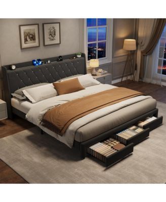 Velvet Upholstered Platform Bed Frame with Crystal Tufted Headboard, 2 Storage Drawers, Built-in Charging Station, Wood Slat Support
