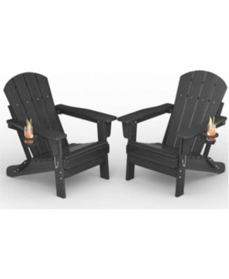 Folding Adirondack Chair Set of 2, HDPE Outdoor Patio Chair with Cup Holder, All Weather Resistent Wooden Textured for patios, Decks, Gardens