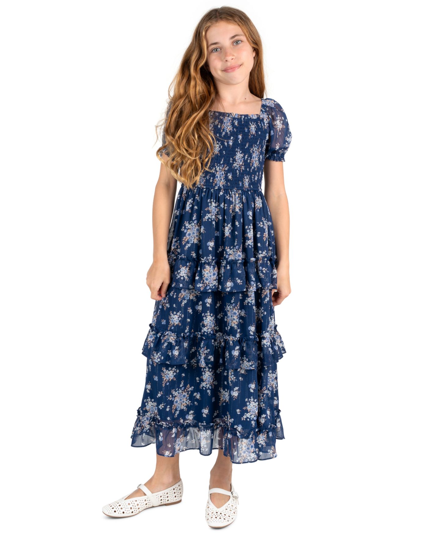 Платье Rare Editions Printed Lurex Chiffon Puff Sleeve Tiered Midi Dress для девочек, цвет: Тёмно-синий — фото 1
