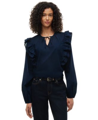 Women's Frill Detail Long-Sleeve Tie-Neck Top