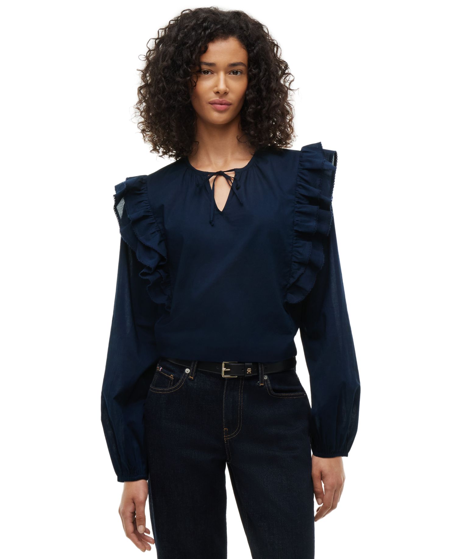 Women's Frill Detail Long-Sleeve Tie-Neck Top