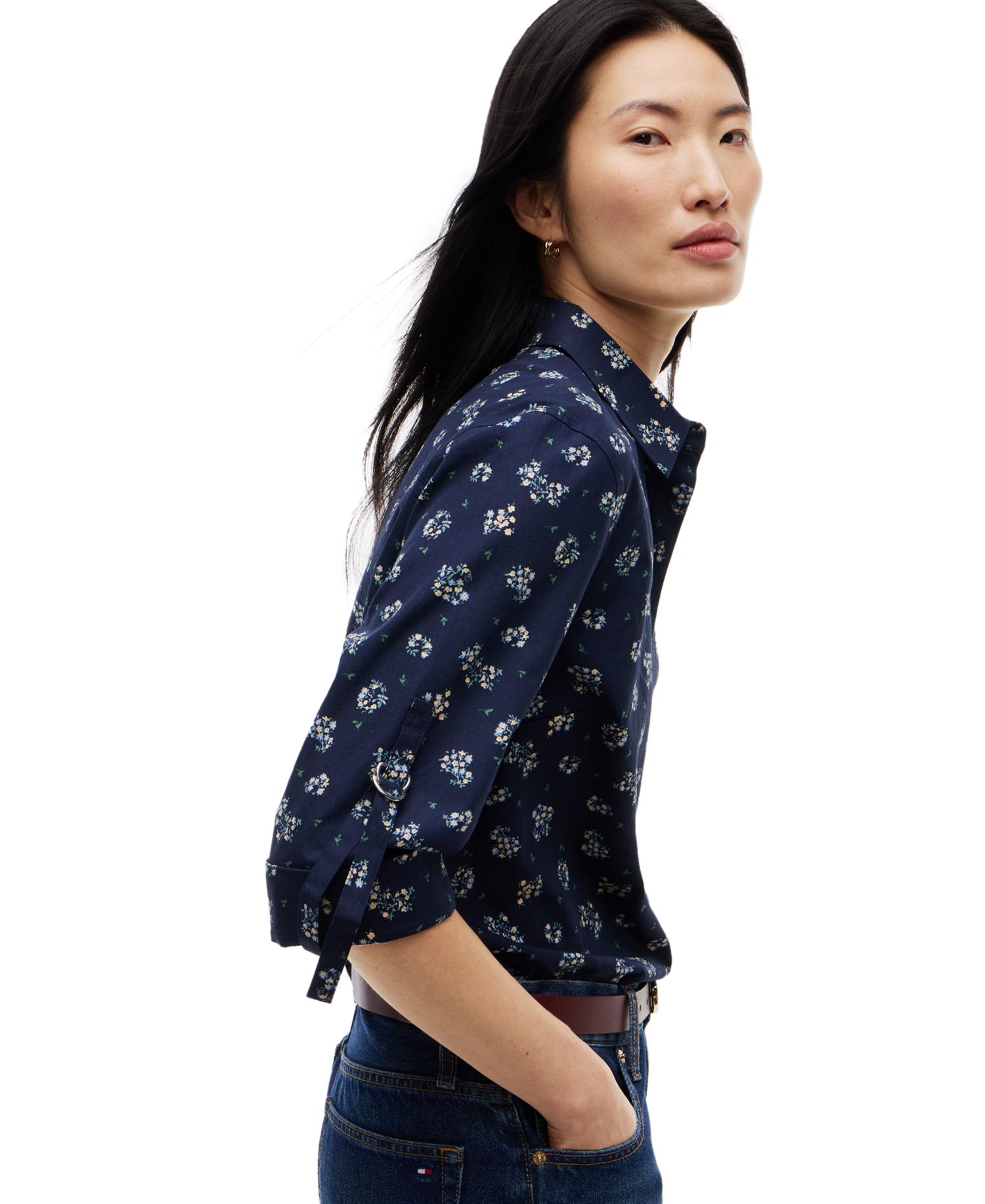 Women's Cropped Printed Roll-Tab Sleeve Shirt