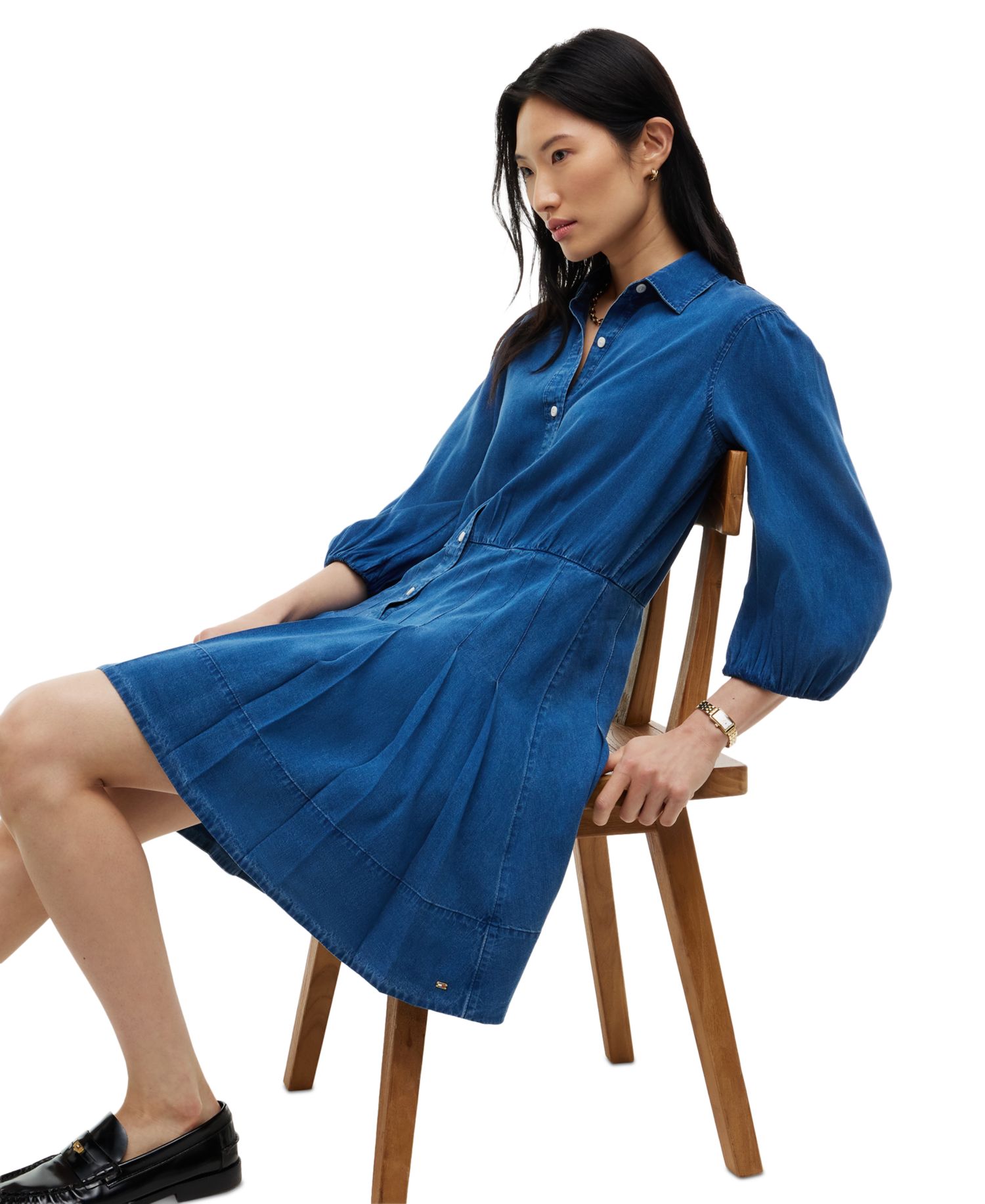 Women's Chambray Puff-Sleeve Polo Collar Dress