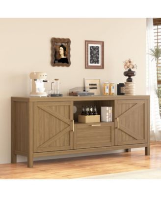 59 Inch Farmhouse TV Stand, Wooden Media Console with Cabinets, Drawer and Open Shelf