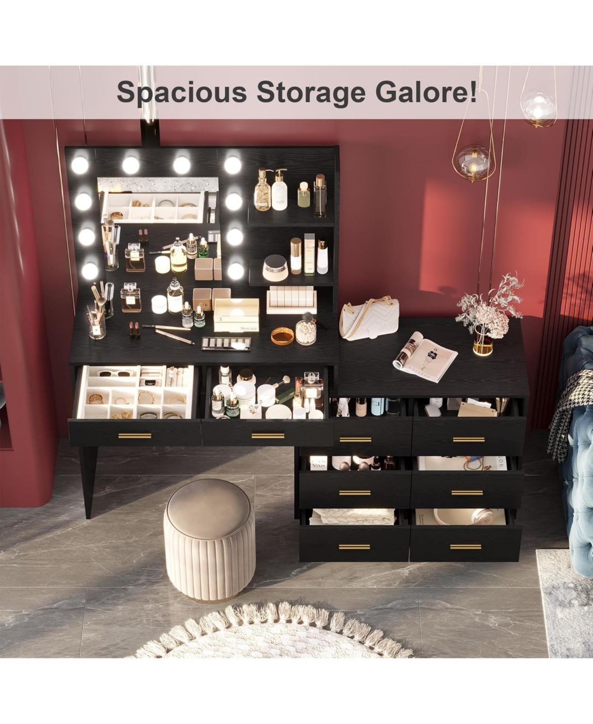 gaomon 61" Vanity Desk with Mirror And Adjustable Led Lights, 8-Drawer Makeup Dressing Table with 2-Tier Shelves