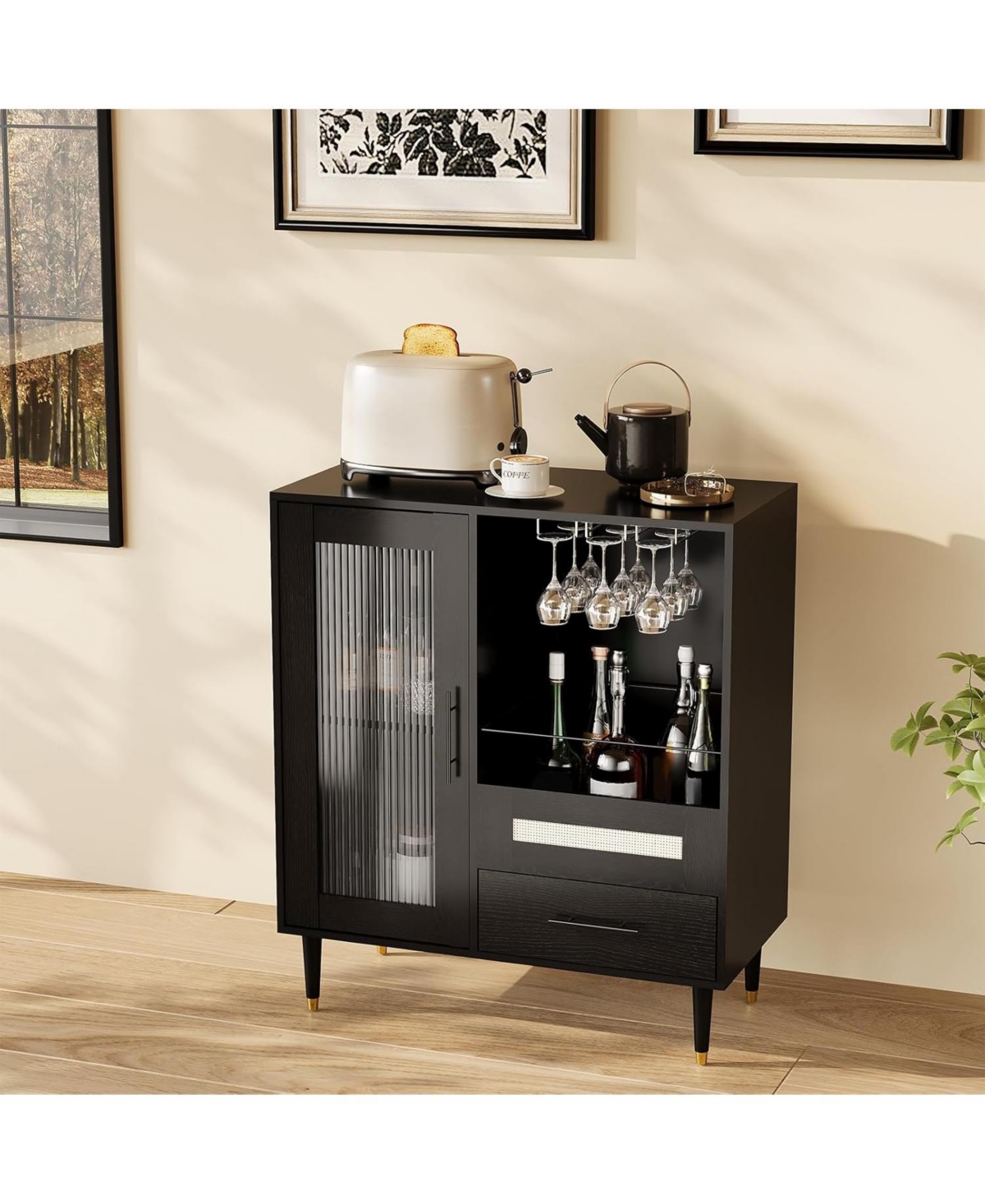 gaomon Modern Wine Bar Cabinet with Glass Door – Wine Rack, Drawers and Generous Storage – Freestanding Buffet Sideboard, Living Room