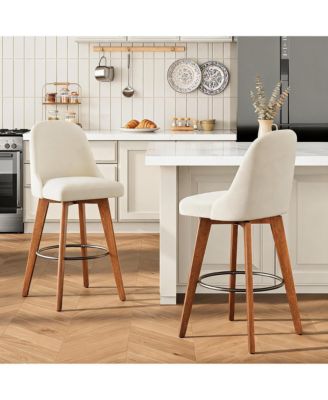 Counter Height Bar Stools Set of 2, Linen Fabric Bar Chairs with Backs and Wood Legs, 360degree(s) Swivel Barstools, 26" Seat Height