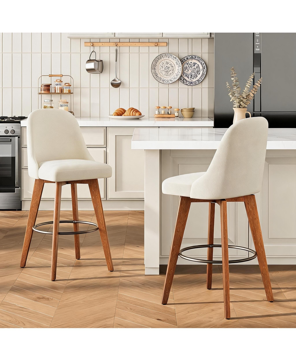 gaomon Counter Height Bar Stools Set of 2, Linen Fabric Bar Chairs with Backs and Wood Legs, 360degree(s) Swivel Barstools, 26" Seat Height