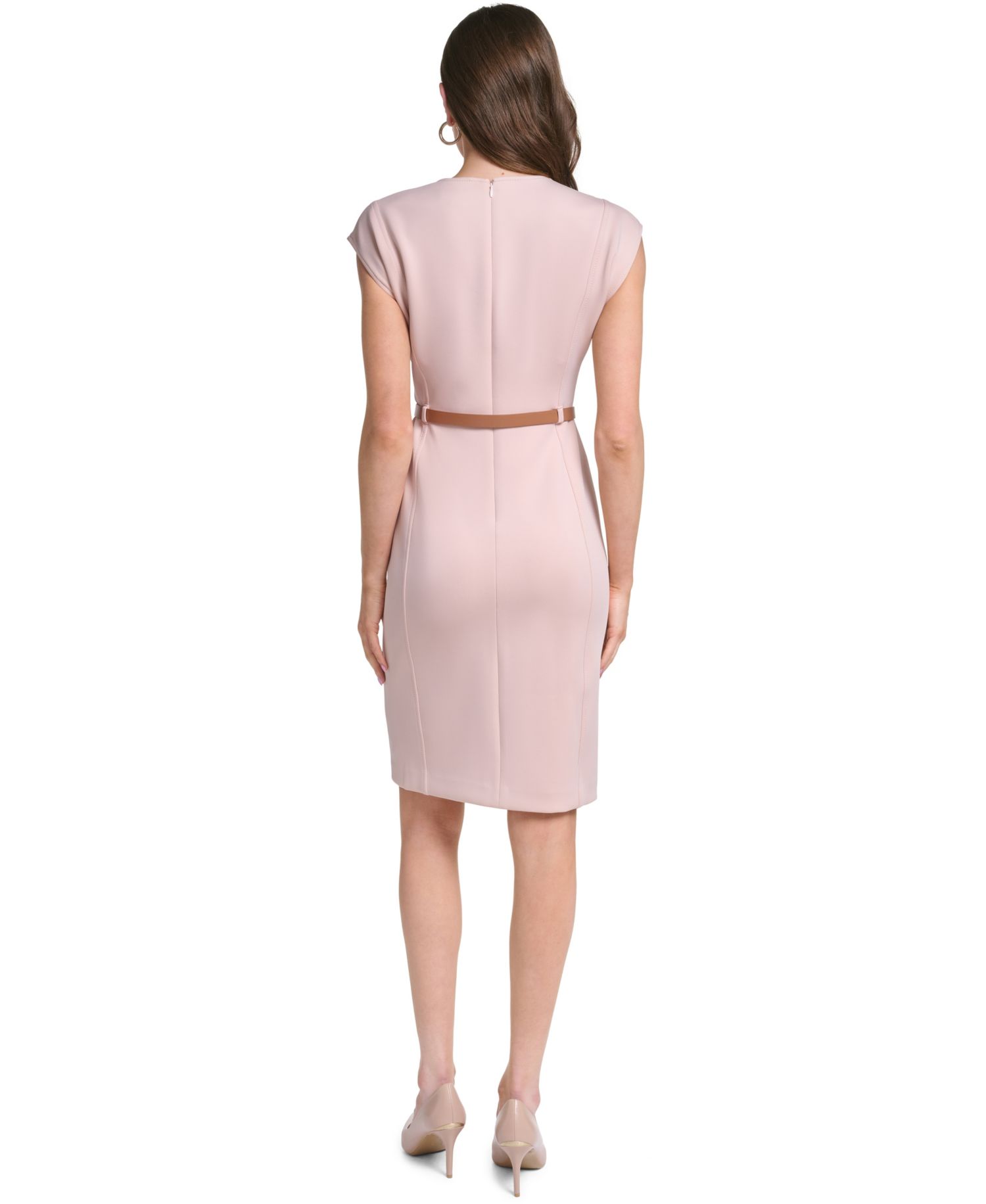 Women's Cap-Sleeve V-Neck Belted Sheath Dress