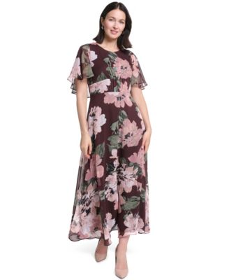 Women's Flutter-Sleeve Floral Chiffon Fit & Flare Dress