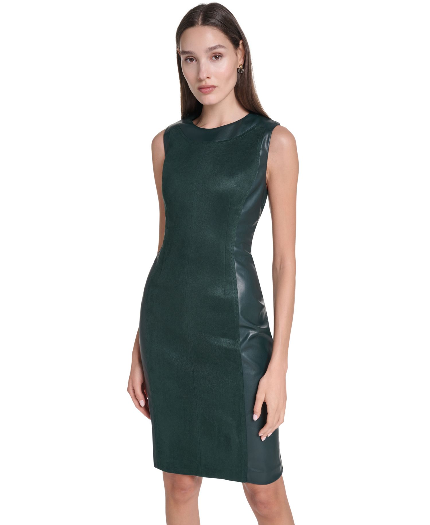 Women's Sleeveless Suede & Faux Leather Panel Sheath Dress