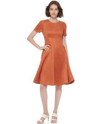 Women's Short-Sleeve Suede Fit & Flare Dress