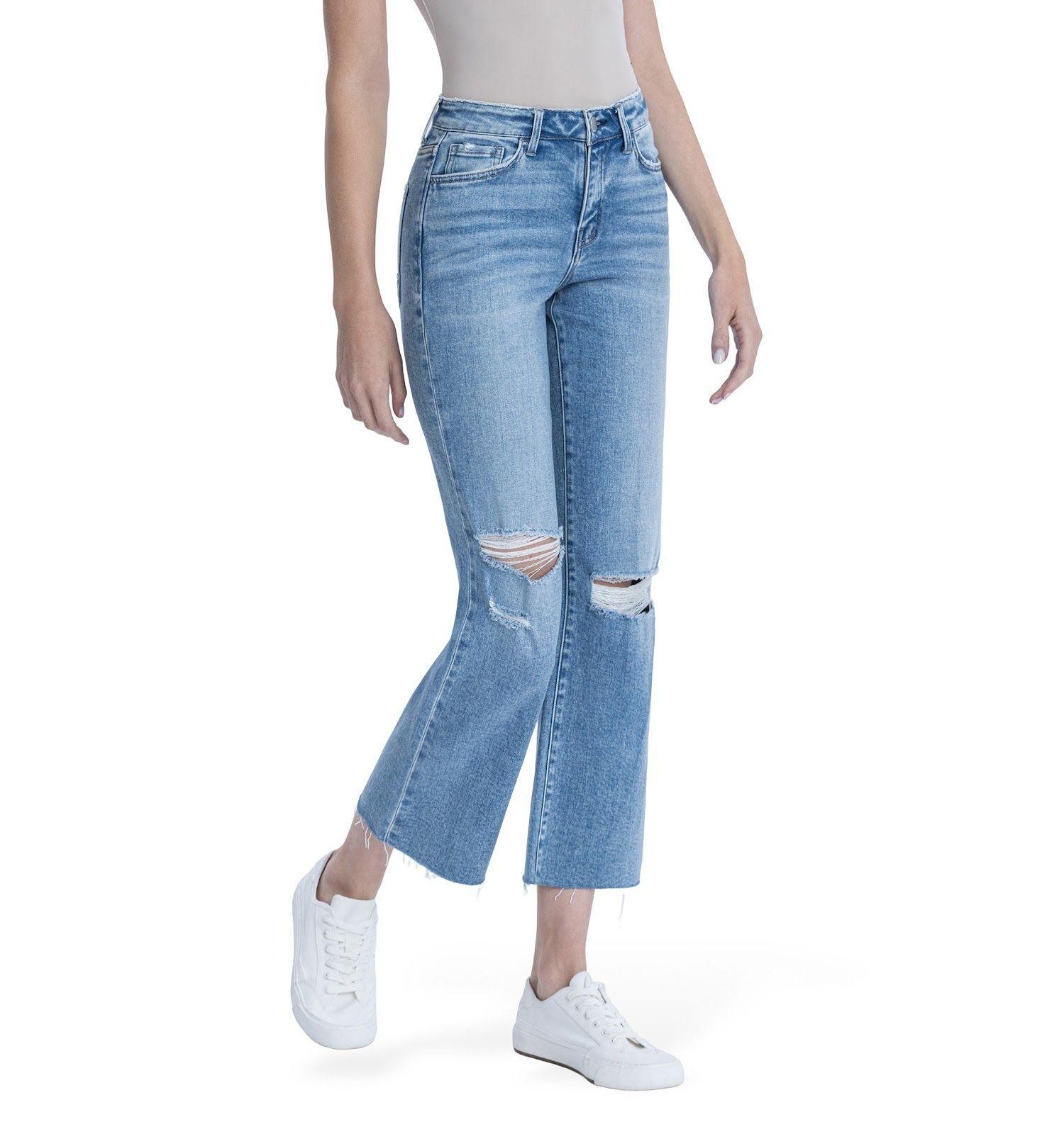 Women's High Rise Raw Hem Crop Slim Wide Leg Jeans