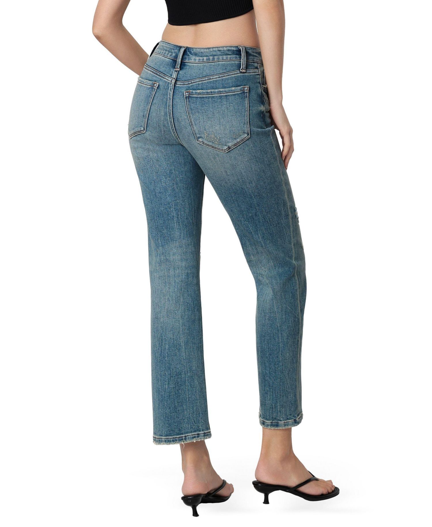 Women's Mid Rise Distressed Tinted Ankle Straight Jeans