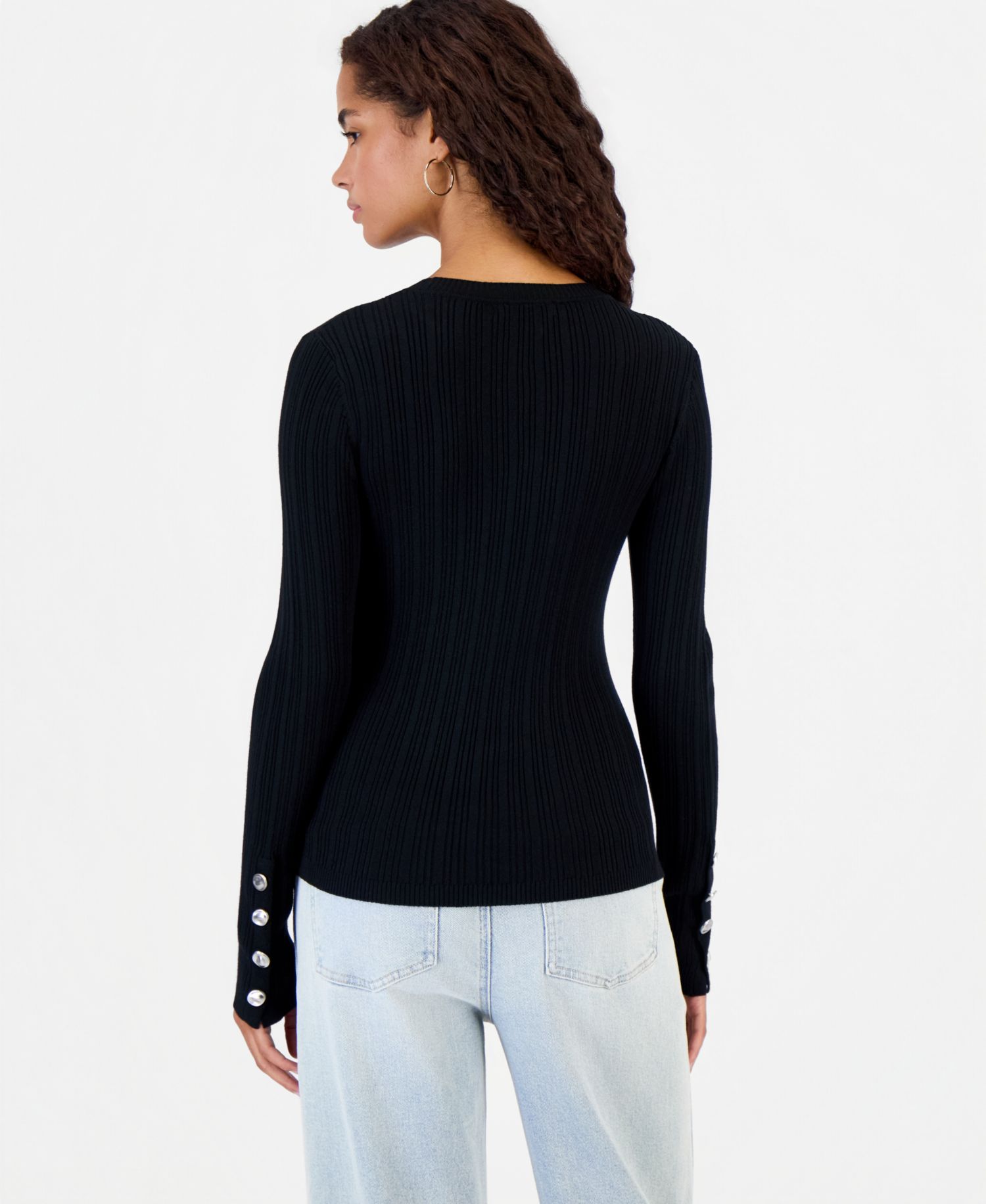 Juniors' Button Fine Gauge Crewneck Ribbed Cardigan