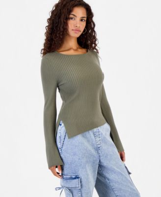 Juniors' Asymmetric-Hem Boat-Neck Sweater