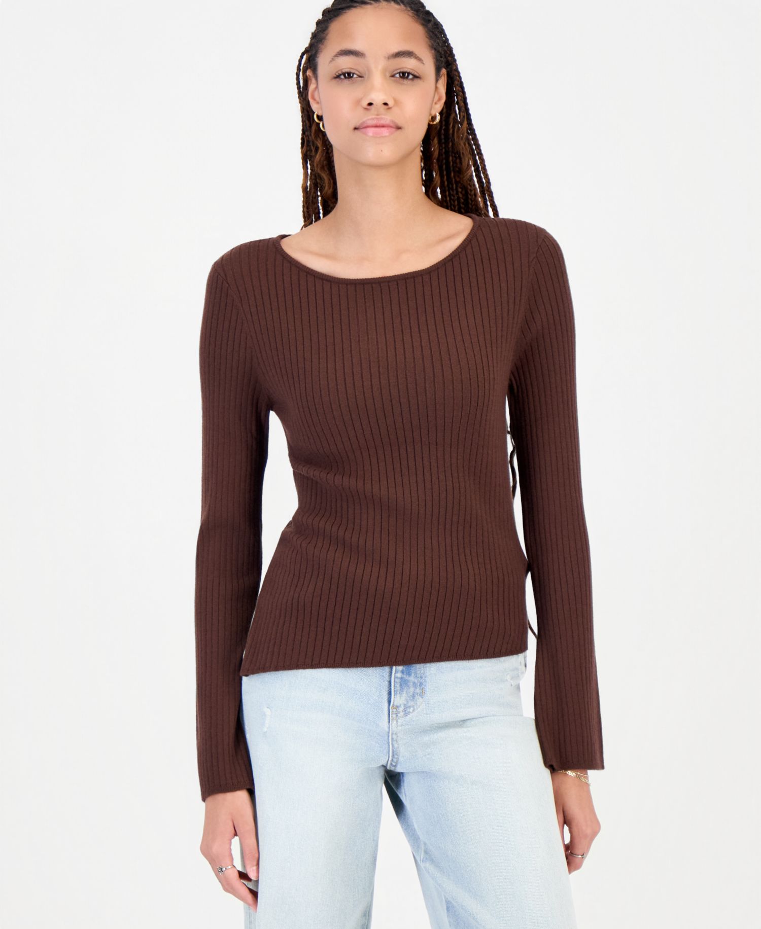 Juniors' Asymmetric-Hem Boat-Neck Sweater